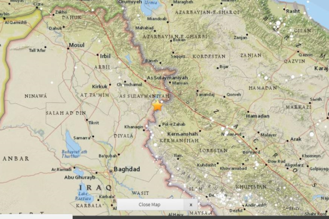 Map o ddaeargryn ar y ffin rhwng Iran ac Irac